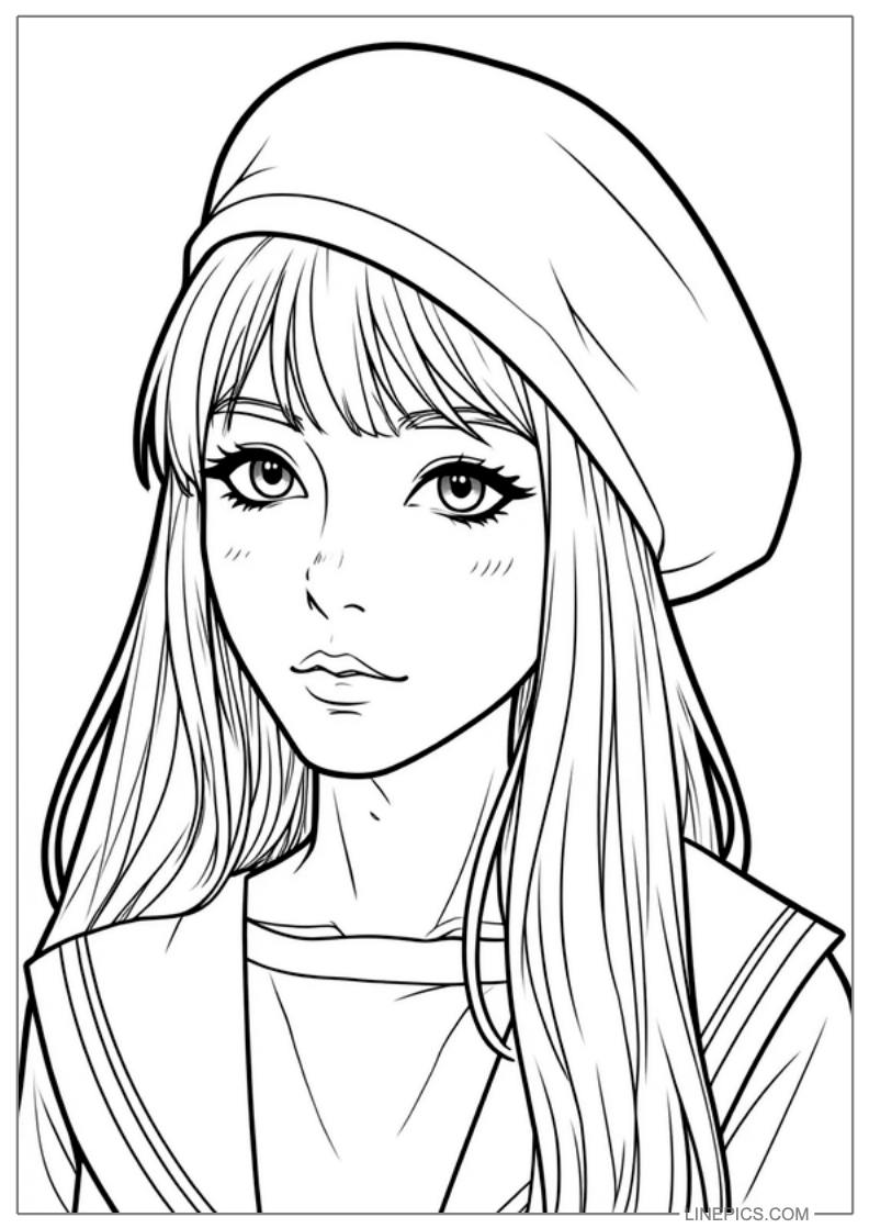 Cute Anime portrait coloring page generated from the source photo in LinePics