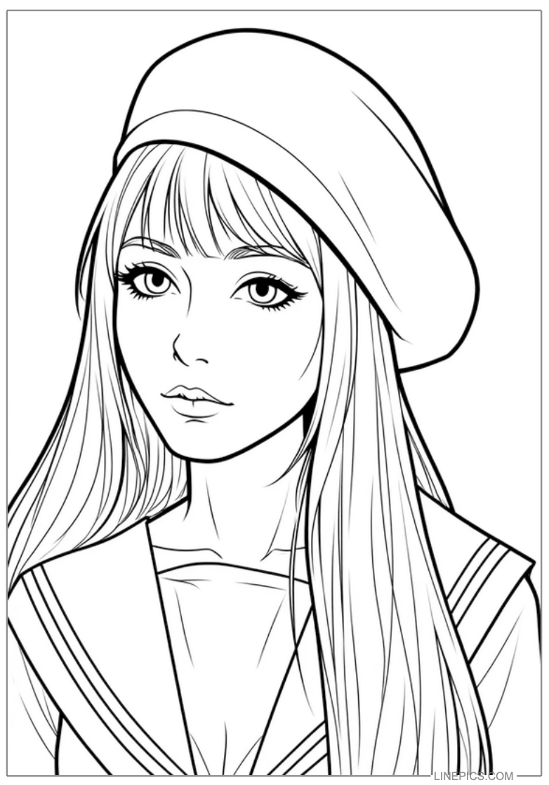 K-Webtoon Beauty portrait coloring page generated from the source photo in LinePics