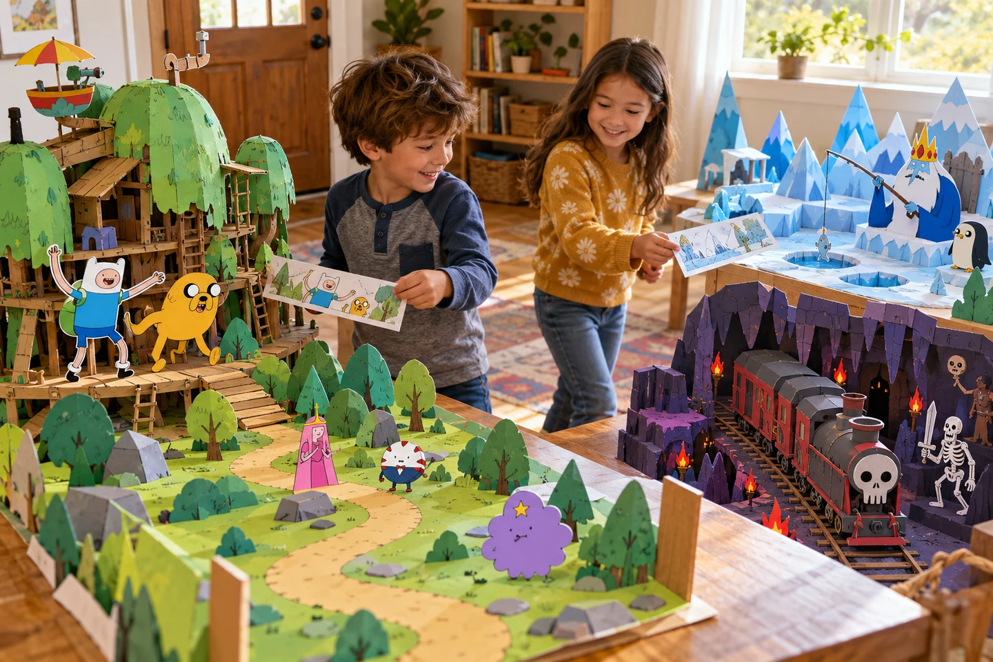 Two children hold Finn and Jake picture strips beside a Tree House scene, a snowy fishing scene, and a Dungeon Train diorama