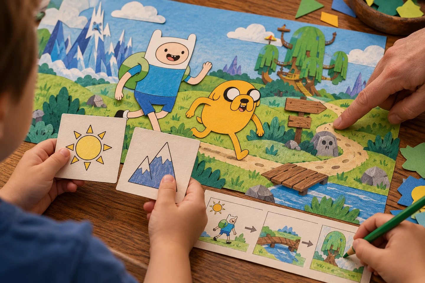 Close view of Finn and Jake quest art beside two paper choice cards and a child's color-coded story strip