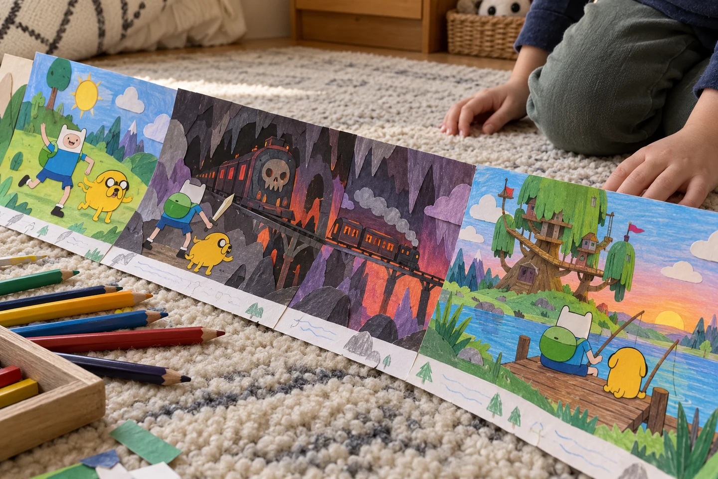 Three-panel Finn and Jake story display moving from a sunny path to the Dungeon Train and ending with fishing beside the Tree House