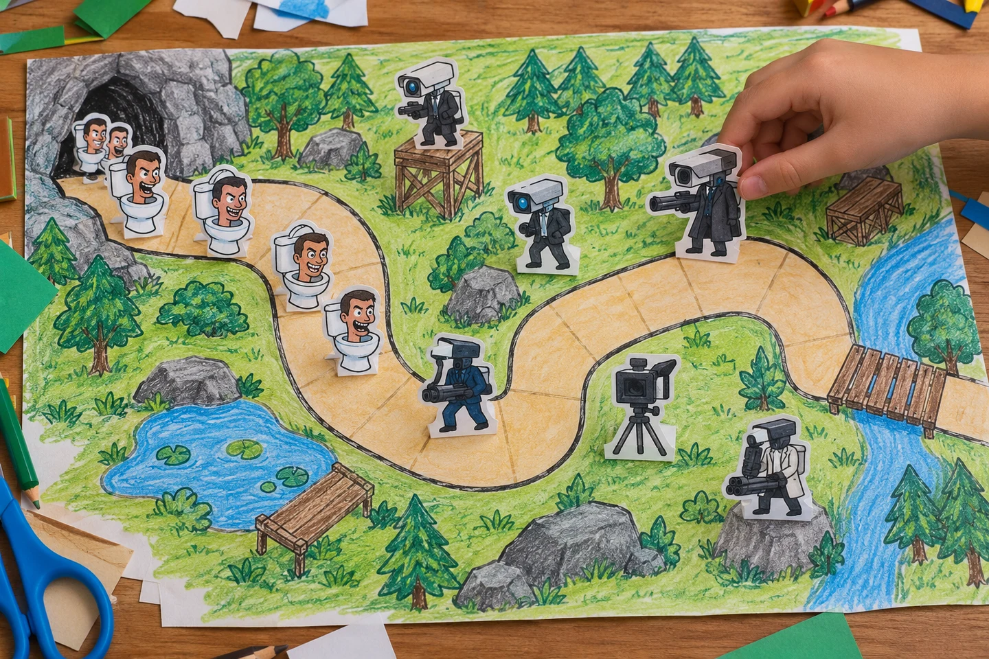 Overhead craft view of a winding paper defense route with movable camera-unit cutouts and toilet enemies