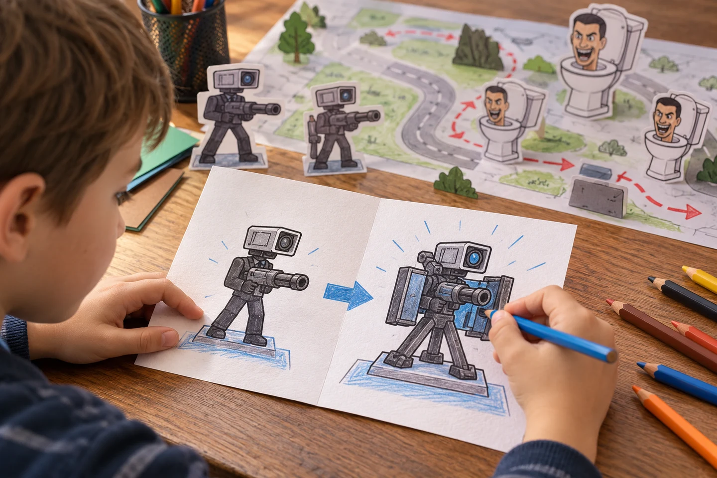 Close-up of a child coloring two versions of one camera defender on a folded paper upgrade card