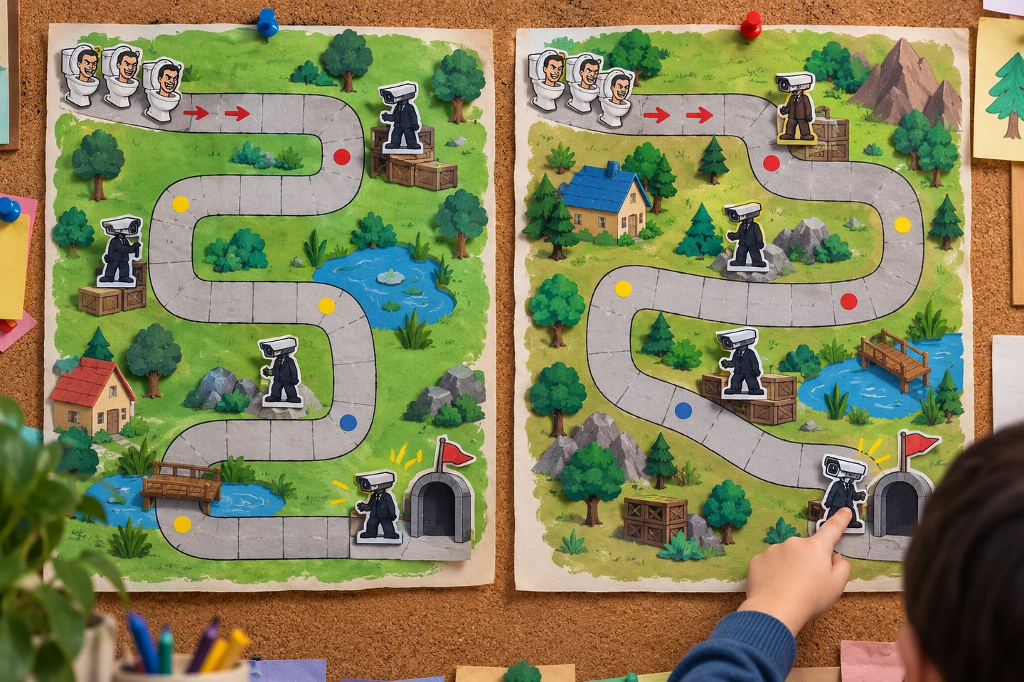 Two completed defense plans pinned side by side, each showing different camera-unit positions on the same lane