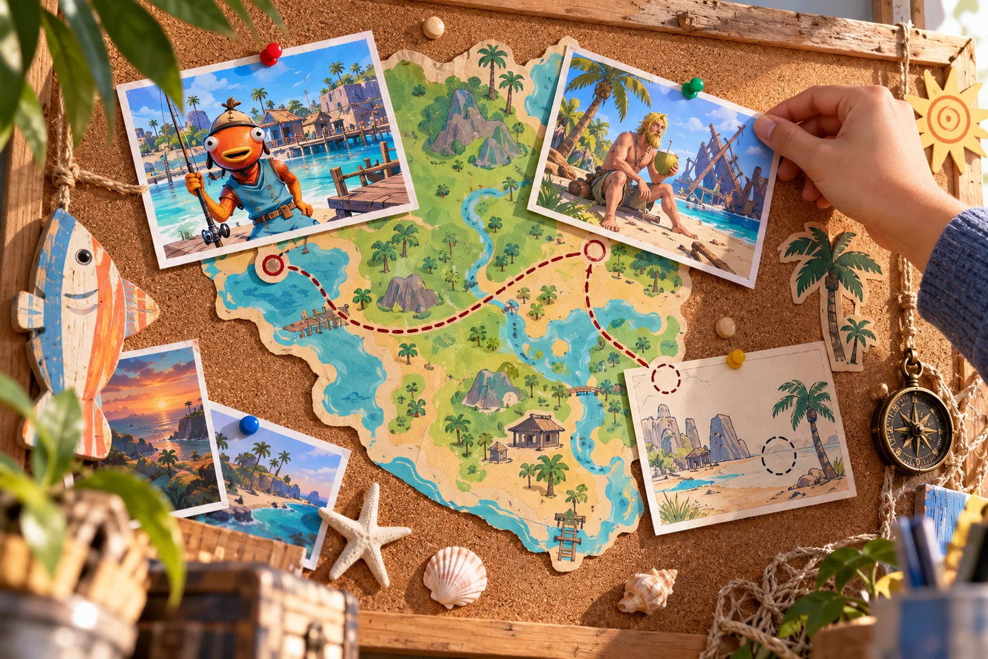 Fortnite-inspired postcard wall with Fishstick by a harbor, Jonesy on a beach, and a red dotted route across the island map