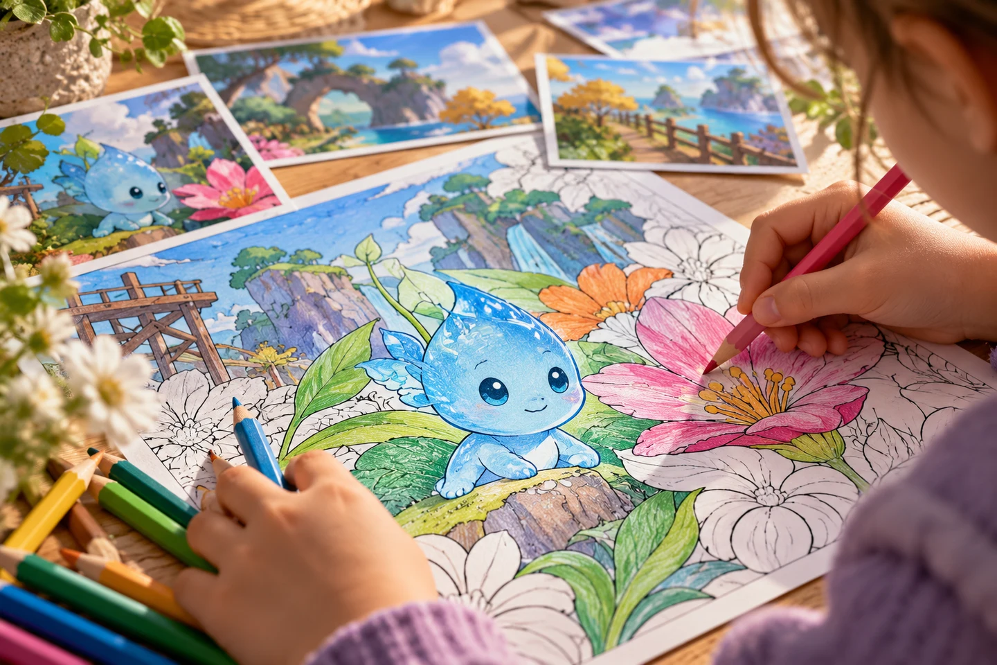 Colorful close view of a Fortnite-inspired Sprite Garden activity with oversized flowers, a child coloring a Sprite, and separate route-maker cards