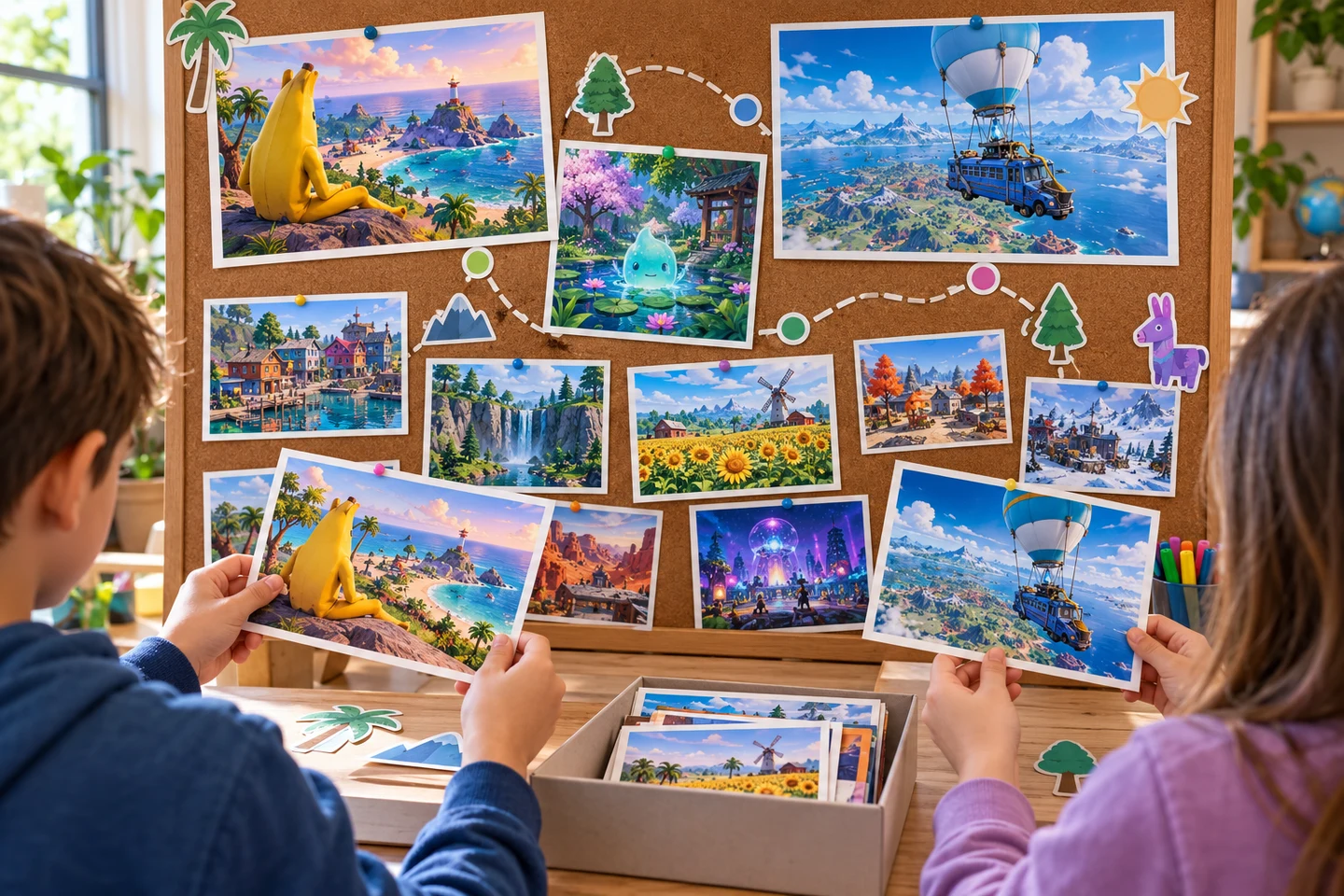 Wide colorful community-board view of completed Fortnite island postcards, a dotted route to the Battle Bus, and children choosing cards to take home