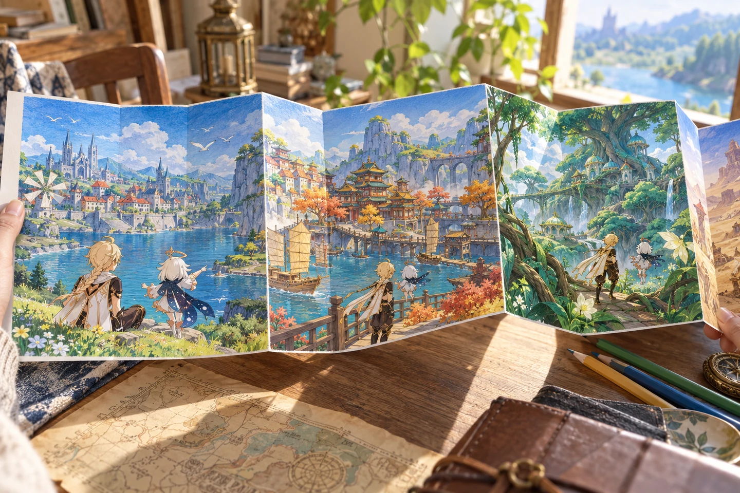 Long colorful accordion travel scroll with Traveler and Paimon beside Mondstadt lake, Liyue harbor, and Sumeru forest coloring scenes