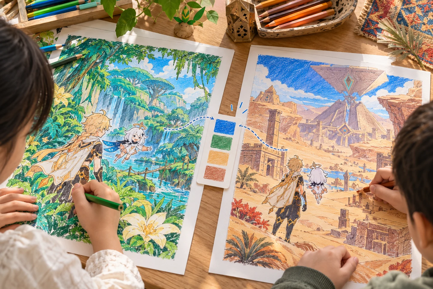 Colorful split-panel comparison of Sumeru rainforest and desert Genshin-inspired pages, with children choosing one connecting color on a shared palette card