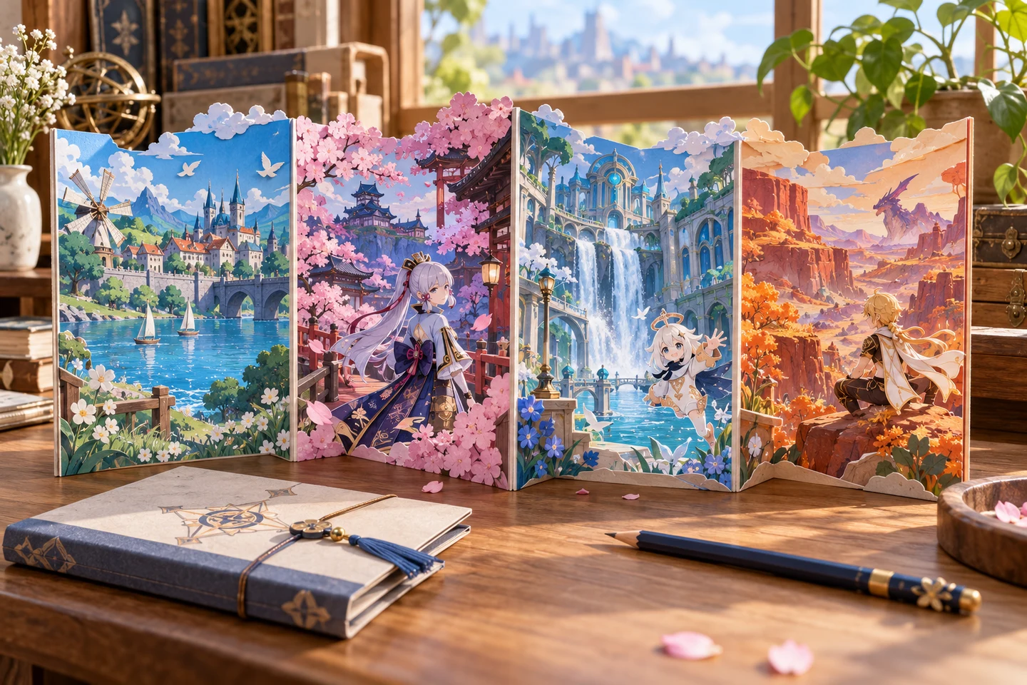 Freestanding colorful Teyvat accordion scroll on a shelf, showing separate Mondstadt, Inazuma cherry blossom, Fontaine waterfall, and Natlan canyon panels