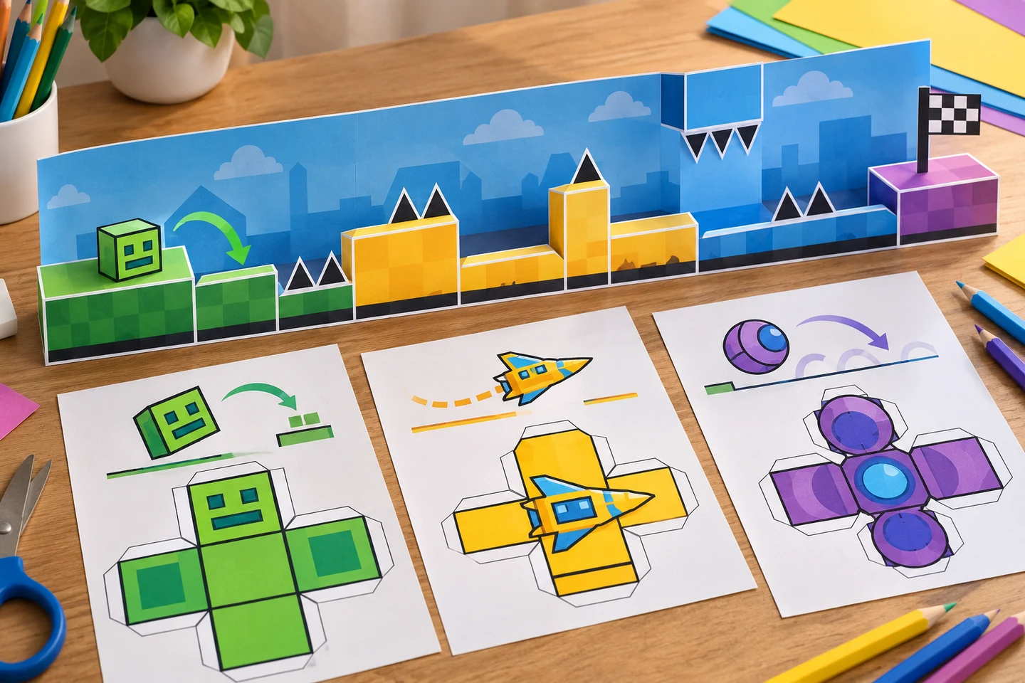 Colorful paper Geometry Dash level strip arranged beside Cube, Ship, and Ball coloring sheets with large geometric paths