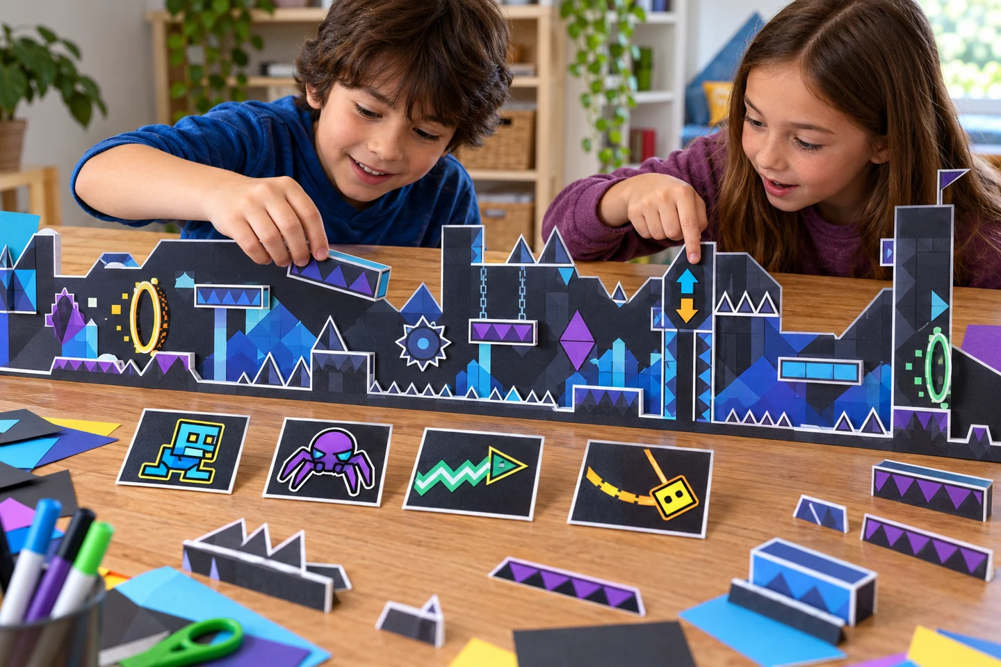 Side-view of children comparing colorful Robot, Spider, Wave, and Swing mode cards against a wide paper route with arrows and platforms