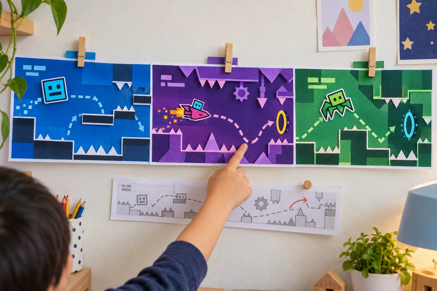 Colorful gallery of three joined paper Geometry Dash level strips with distinct Cube, Ship, and Spider icons and broad legible routes