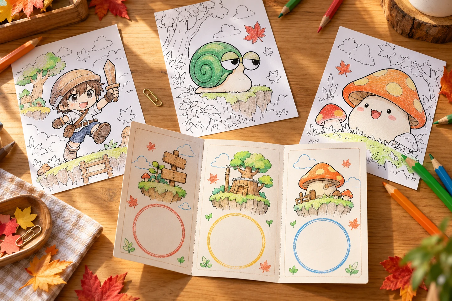 Colorful tabletop quest passport with a MapleStory-inspired adventurer sheet, Snail page, Orange Mushroom page, pencils, and blank stamp spaces