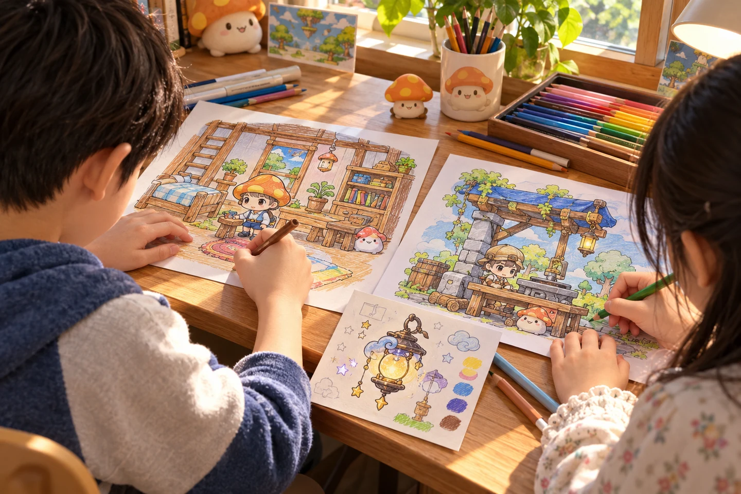 Bright craft-room scene with two children customizing MapleStory-inspired home and workbench coloring sheets and drawing small equipment cards