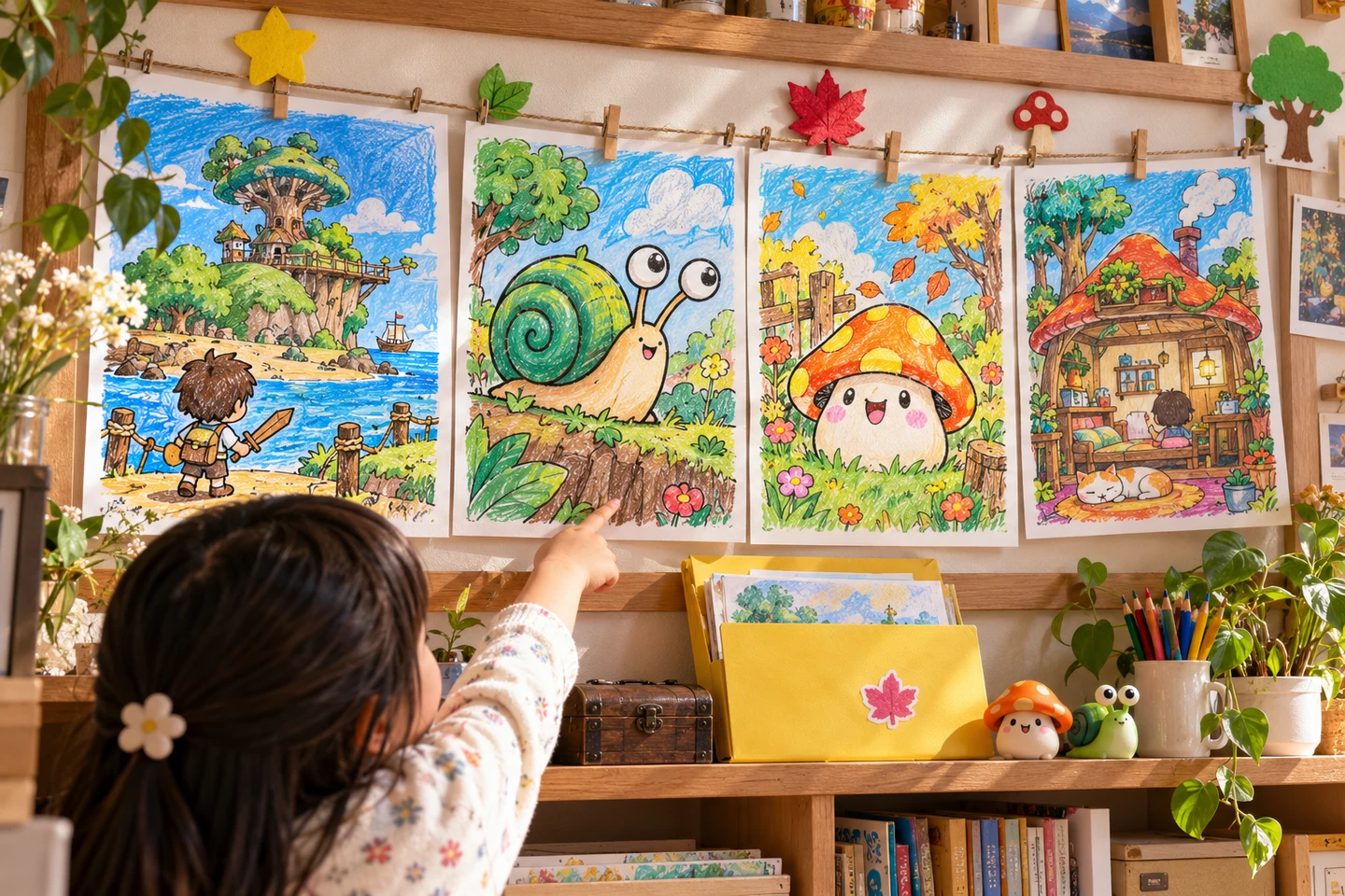 Colorful display wall of completed MapleStory-inspired quest passports with adventurer, Snail, Orange Mushroom, and home scenes clipped in sequence