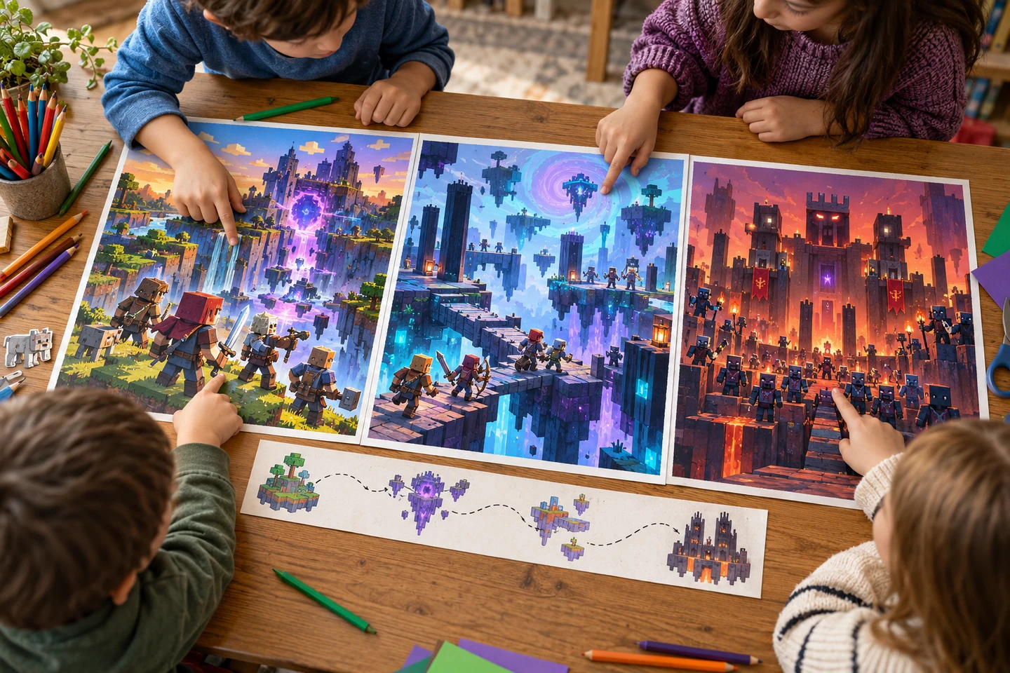 Four children at a craft table arranging Dungeons II hero and rift coloring sheets into a quest route