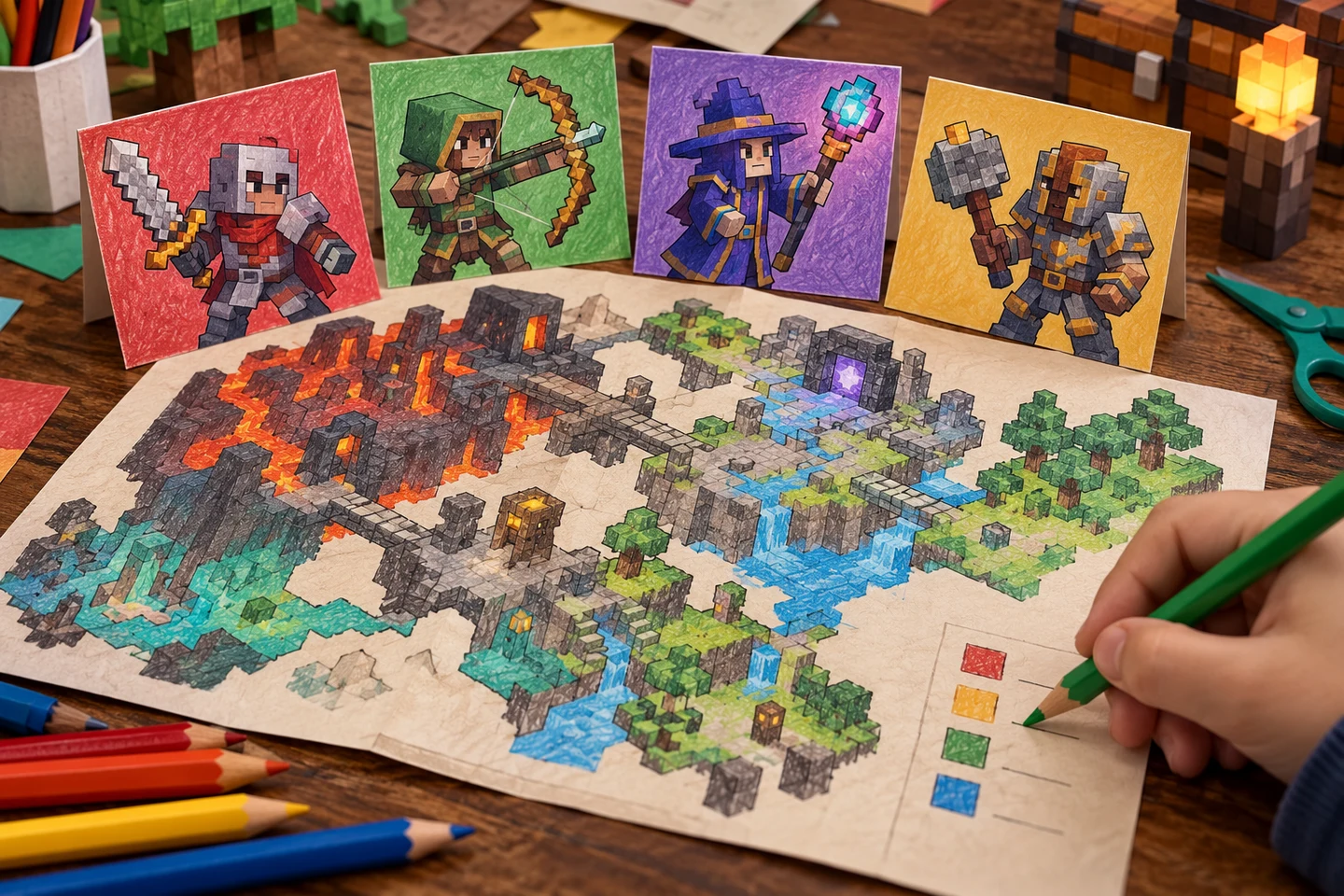 Close view of four paper hero cards with different colored weapons beside an unfinished rift map