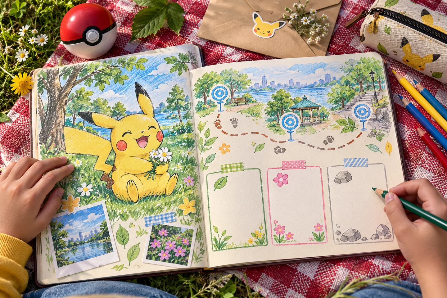 Colorful field-journal spread with Pikachu buddy sheet, hand-drawn walking route, colored pencils, and small blank observation cards