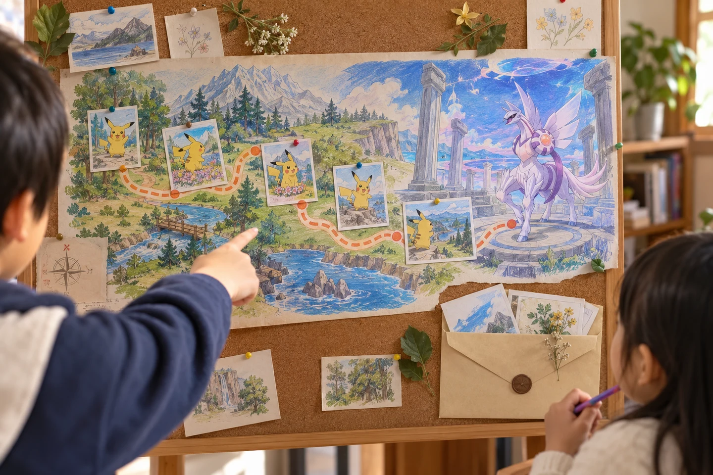 Wide colorful display of a completed Pokémon GO paper route ending at a carefully colored Origin Forme Palkia picture, with observation notes tucked behind