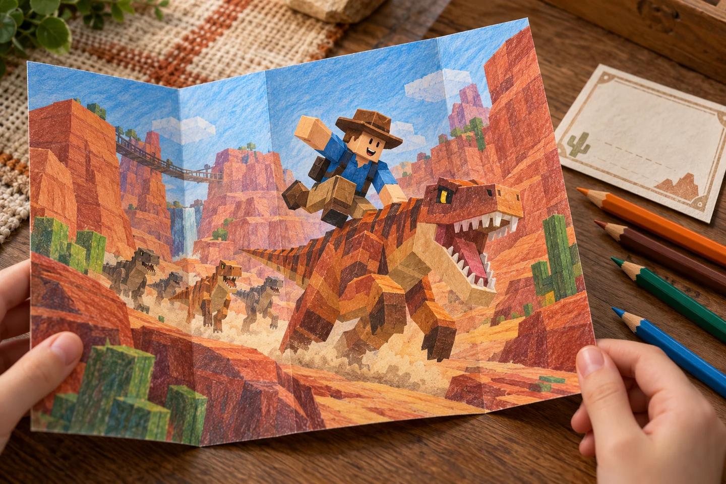 A colorful foldable Ride a Dino travel booklet open to a canyon page, with pencils and a blank destination card nearby