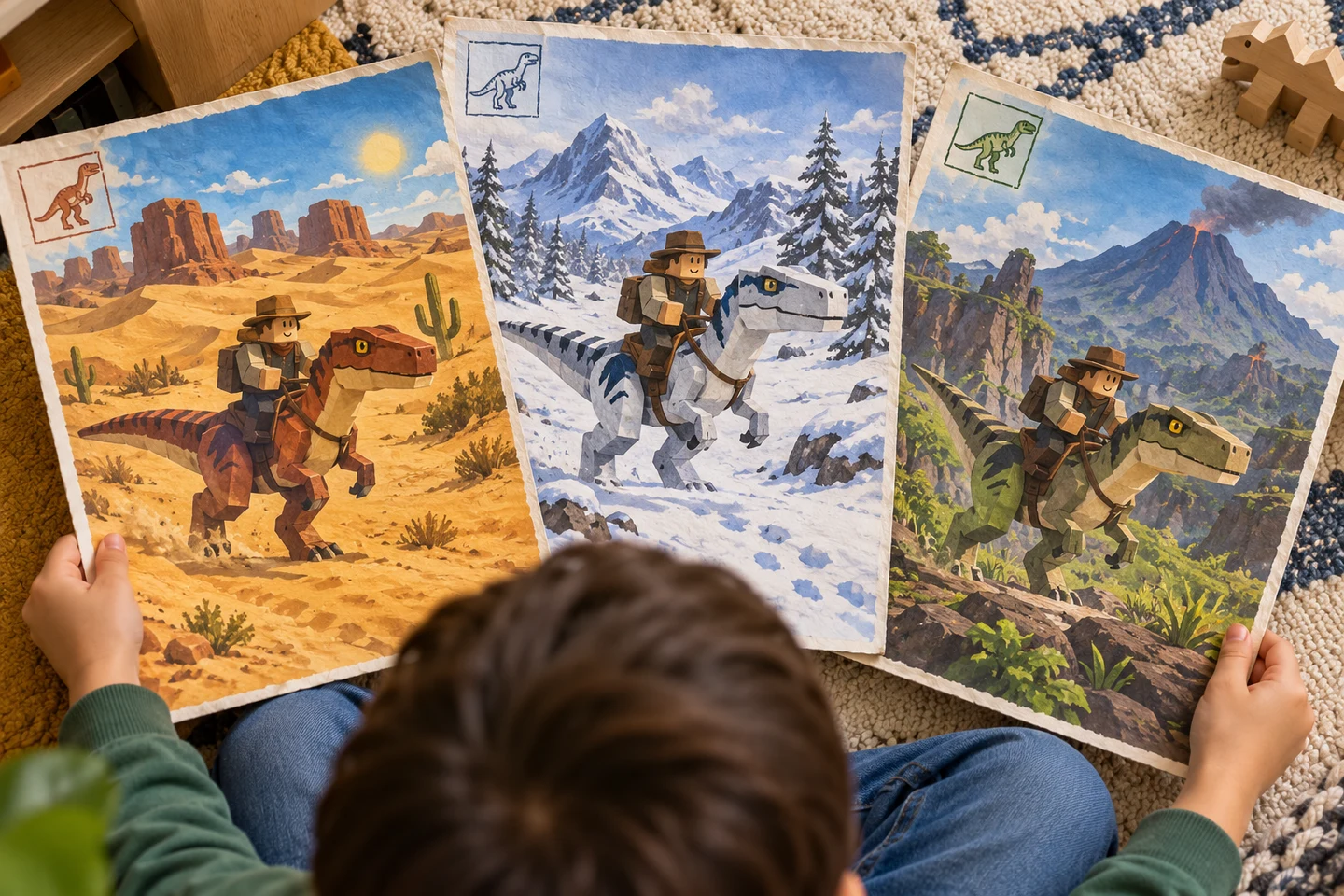 A child compares three differently colored era pages—desert, snowy trail, and volcano—around a shared dinosaur travel stamp