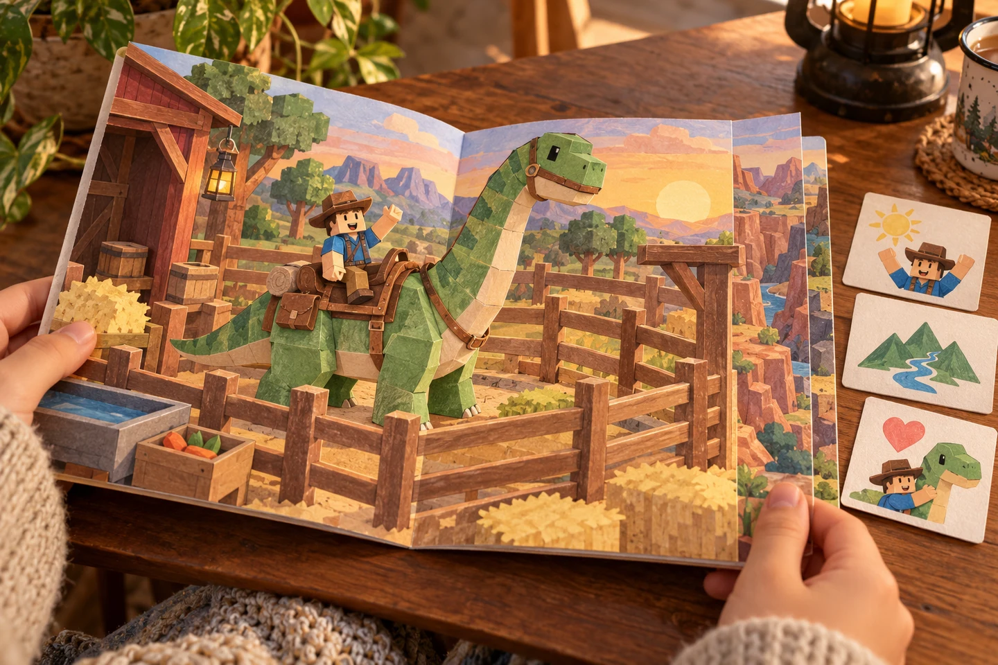 Finished Ride a Dino travel book opened at a ranch page beside three small hand-drawn reflection cards