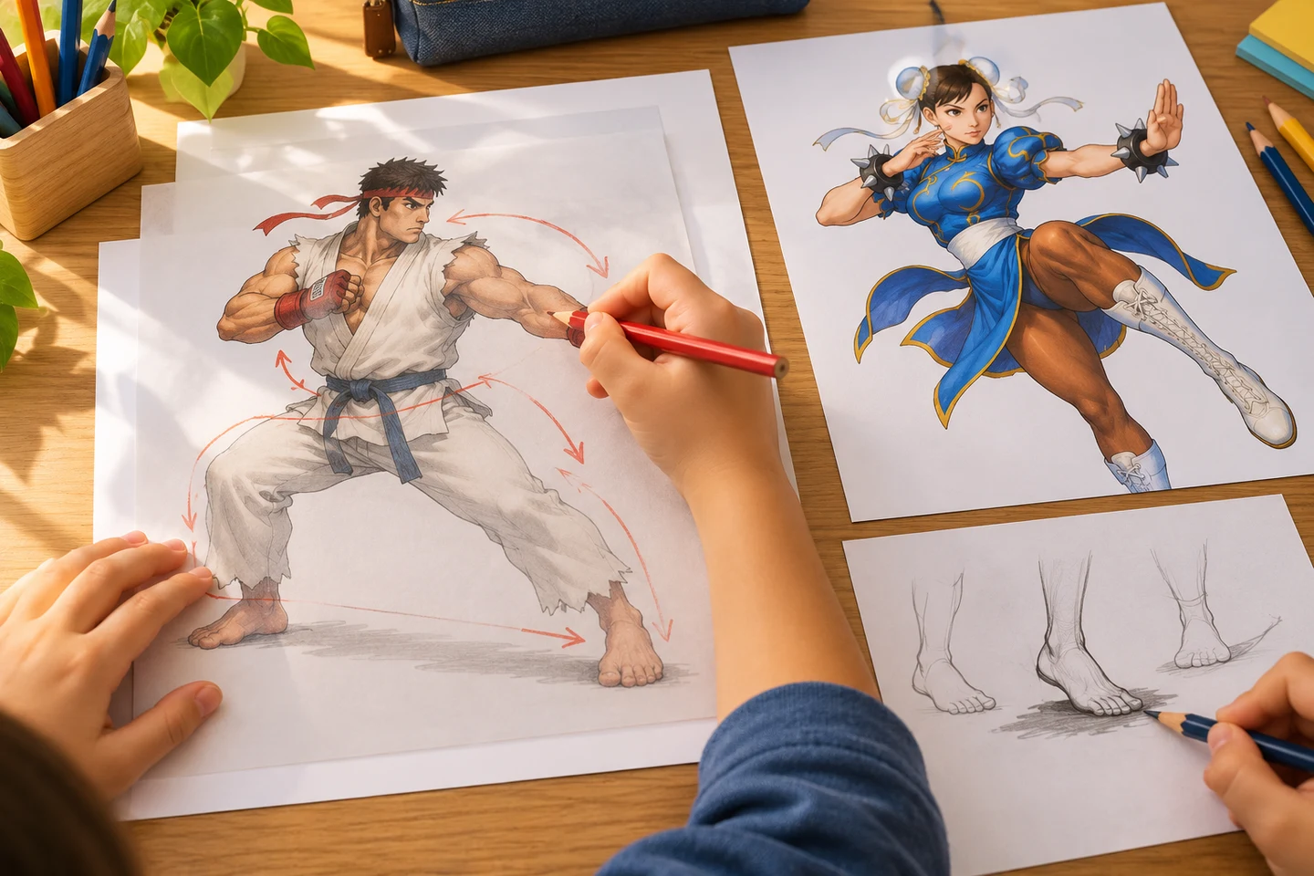 A child studies separate Ryu and Chun-Li coloring sheets, drawing light gesture arrows on a clear overlay