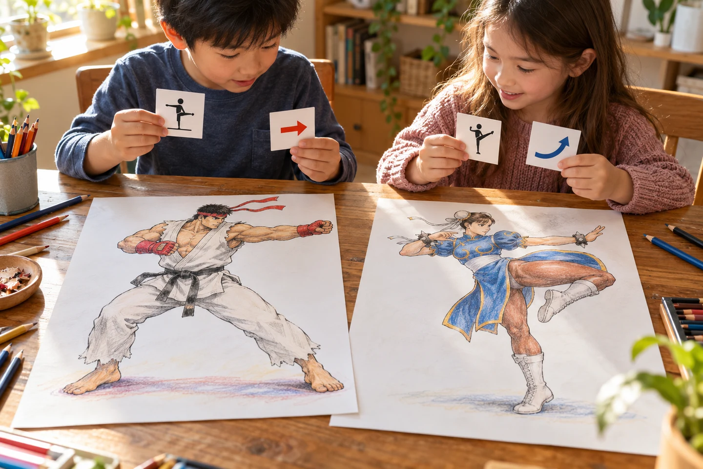 Two children hold pose-symbol and arrow cards above colored drawings of Ryu and Chun-Li