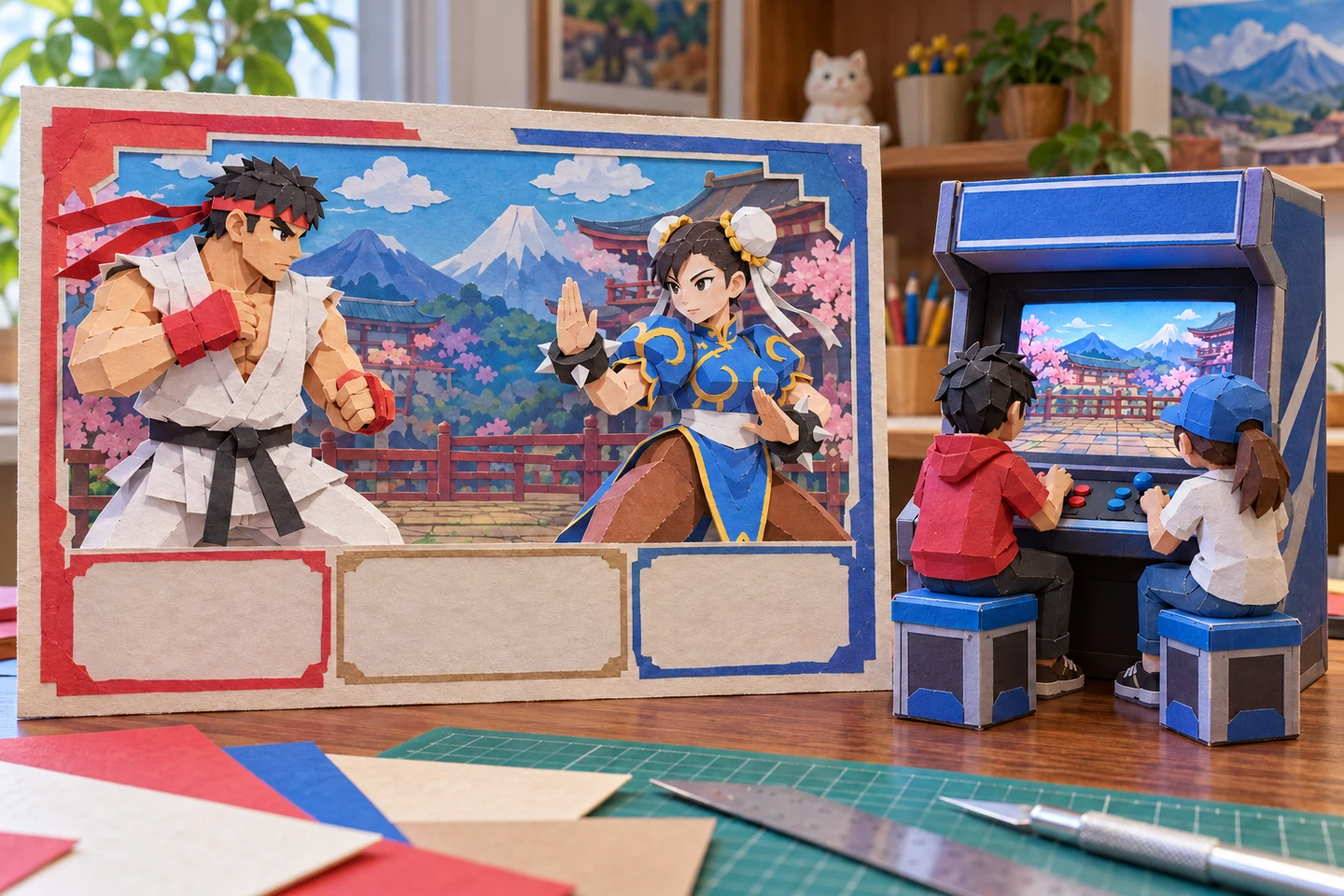Paper Ryu and Chun-Li match-card display with three blank note boxes beside a colorful Battle Hub cabinet scene