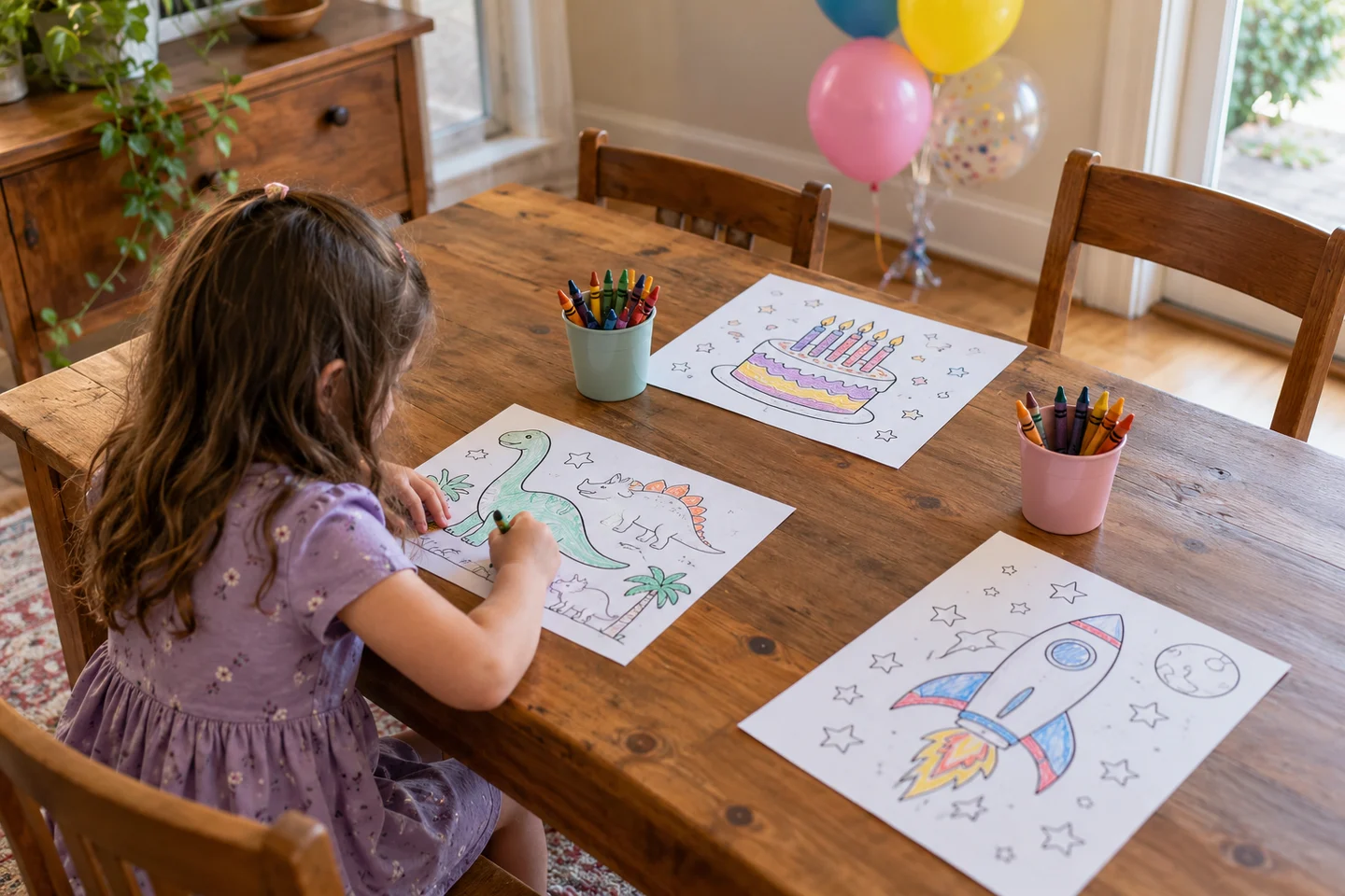 Child beginning to color at a wooden birthday table with three different sheets and two cups of crayons