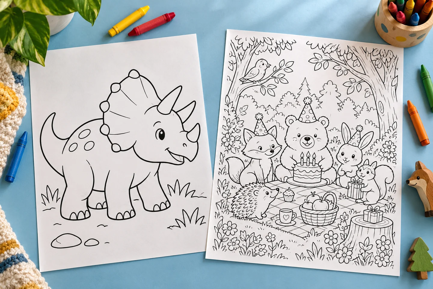 Overhead view of a simple dinosaur coloring sheet beside a more detailed woodland birthday picnic sheet