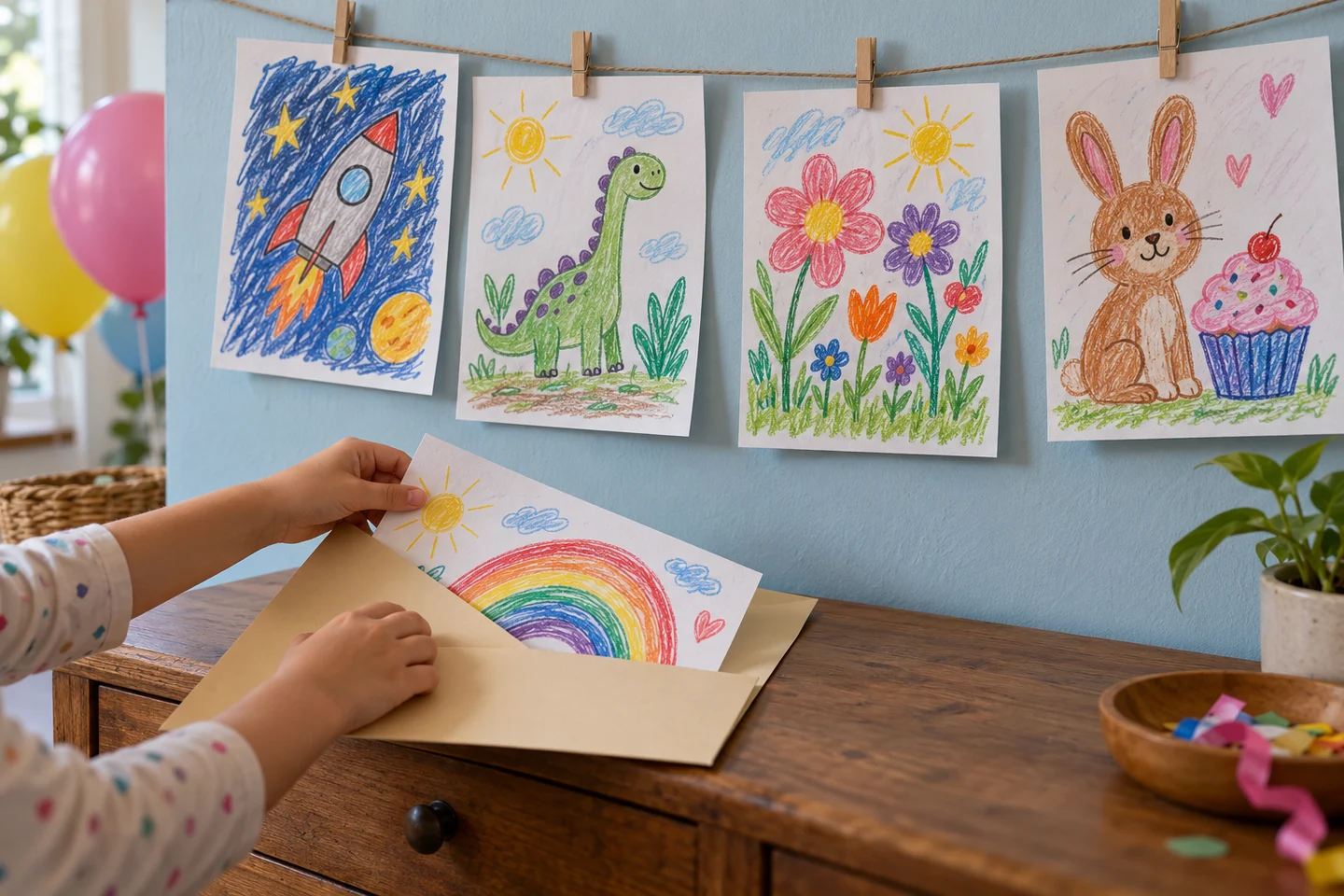 Colorful birthday drawings of a rocket, dinosaur, flower, and rabbit clipped up as a child puts a picture in a take-home folder