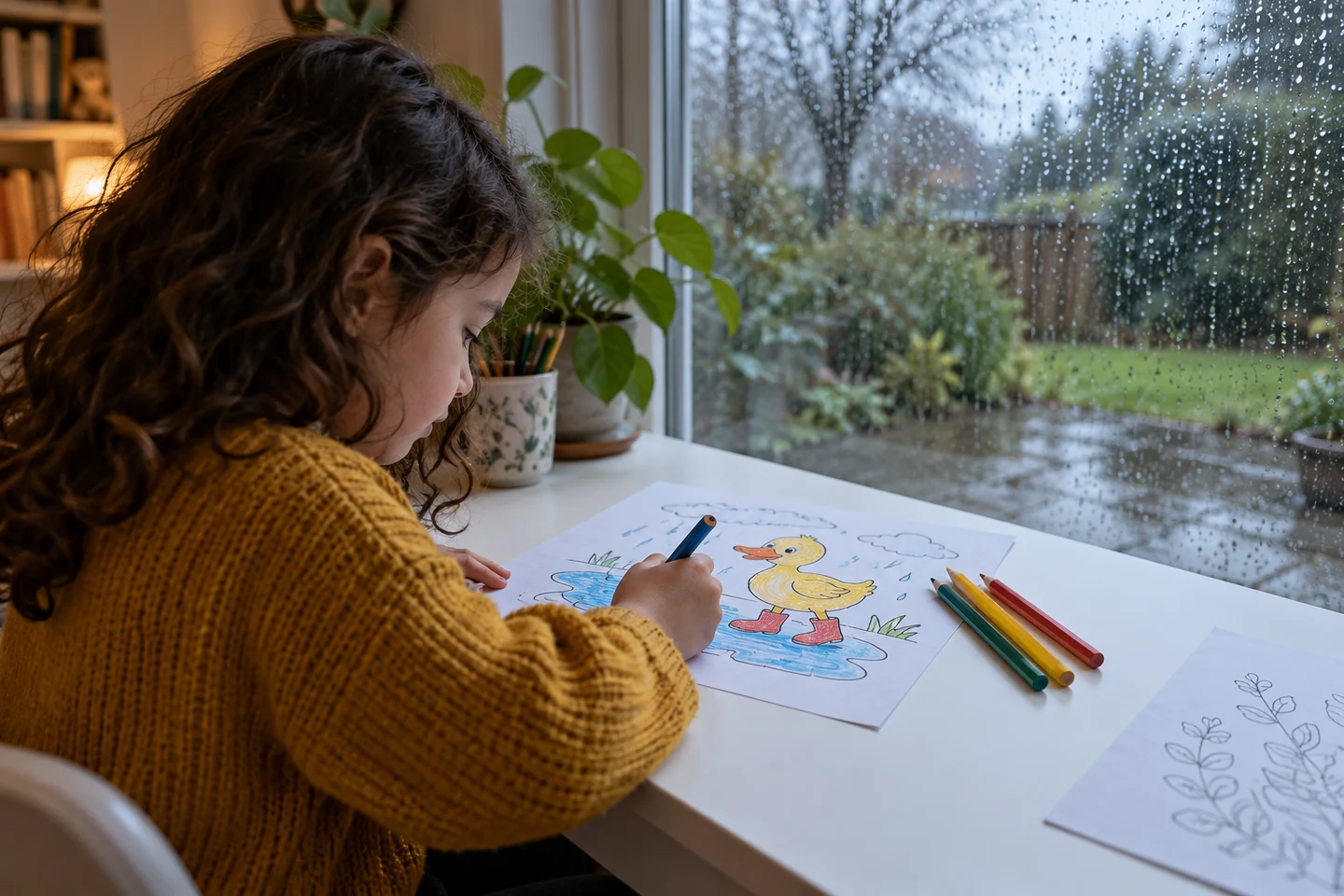 Child starting a coloring page at a small table beside a window streaked with rain