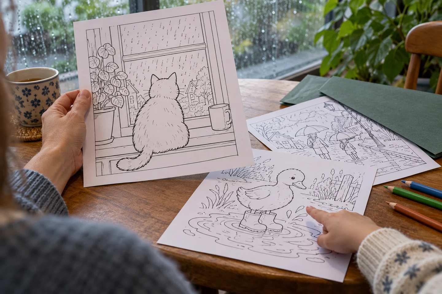 Parent and child choosing between rainy-day coloring sheets with a duck in puddles and a cat at a window