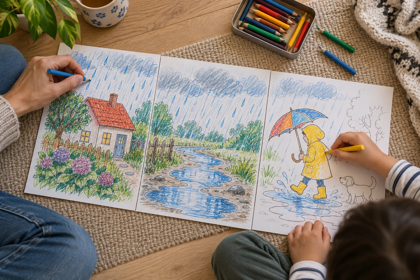 Different family drawings arranged into a rainy-day story, with one page still unfinished