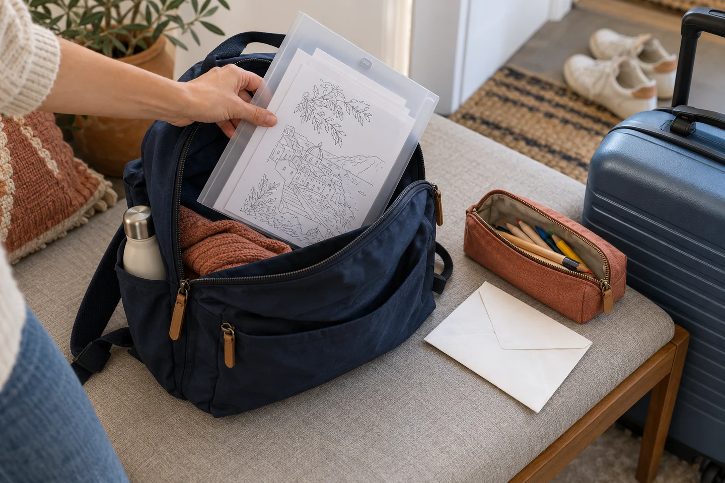 Open travel bag with a slim folder, a few coloring sheets, and a zipped pouch of short colored pencils