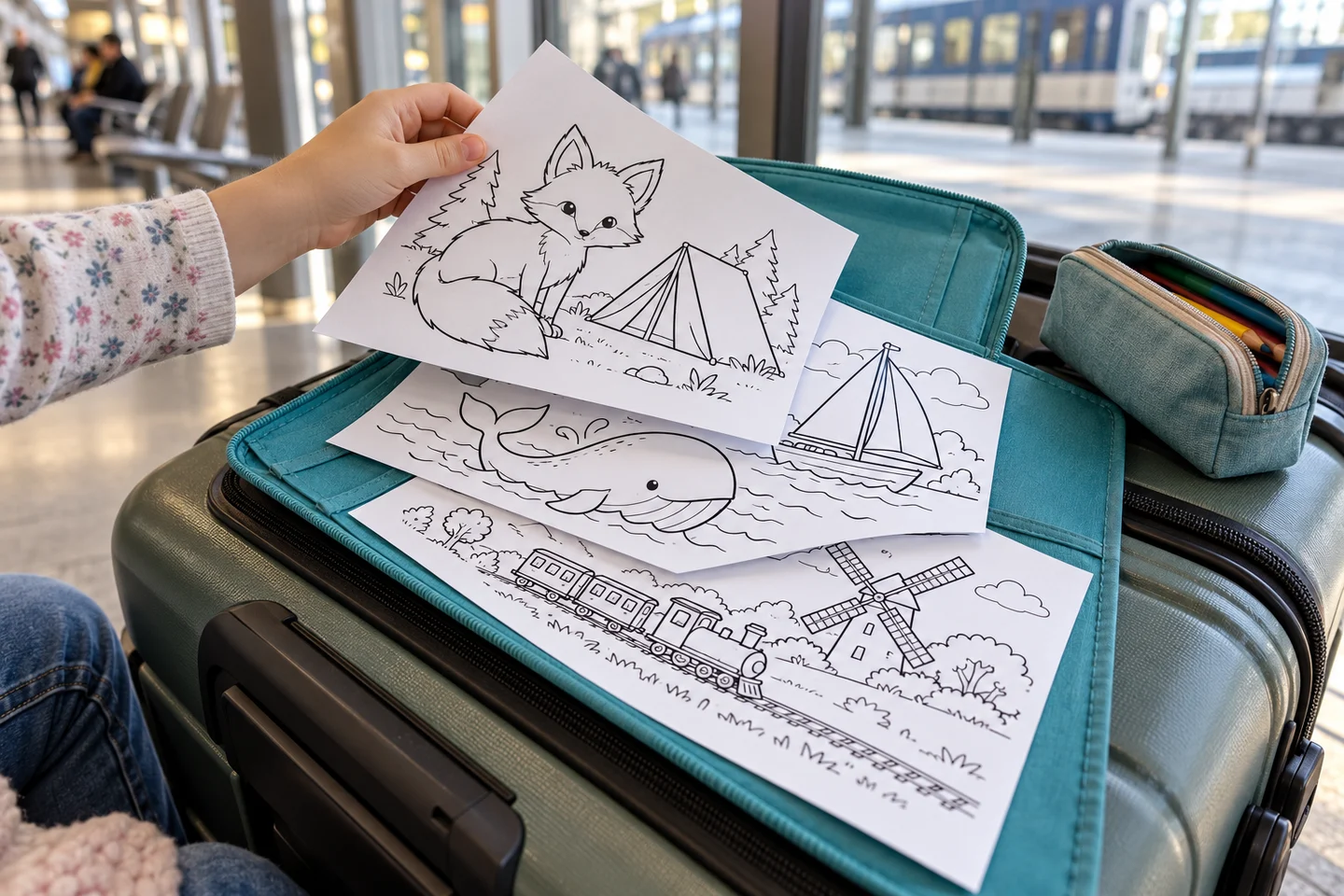 Three coloring sheets peeking out of a folder, showing a little train, a whale beside a sailboat, and a fox at a campsite