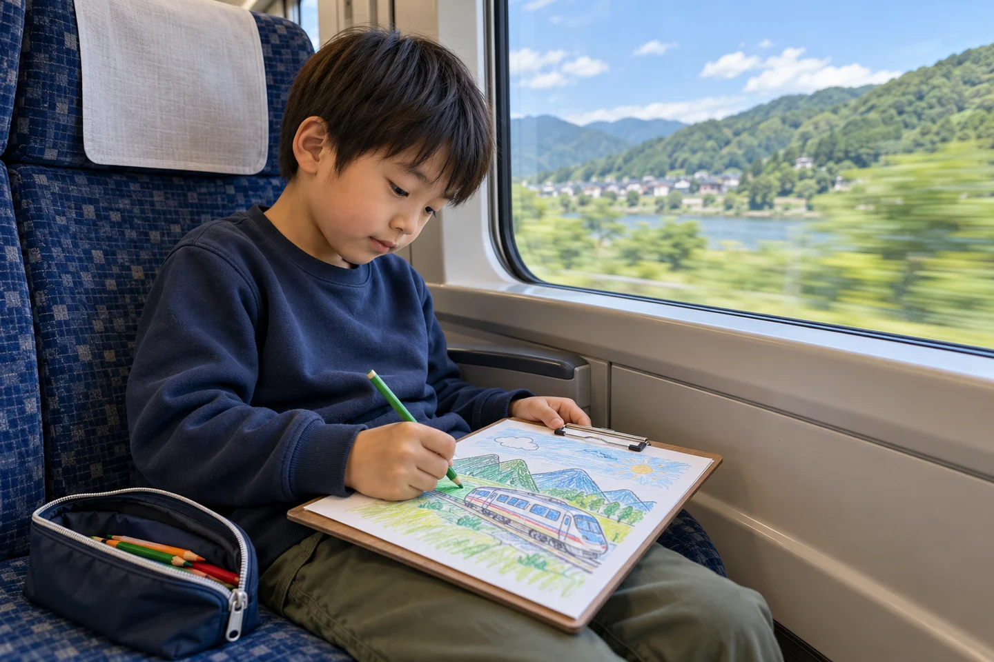 Child coloring on a lap board in a train seat, with the window and seat back visible